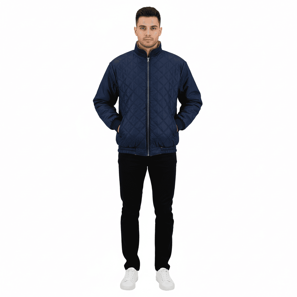 Стильный темно-синий мужской стеганый бомбер – комфортная демисезонная куртка