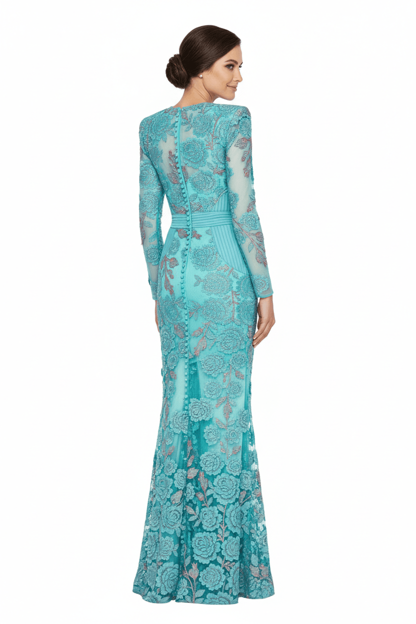 Роскошное Бирюзовое Кружевное Вечернее Платье в Пол - Элегантный Образ для Особого Случая