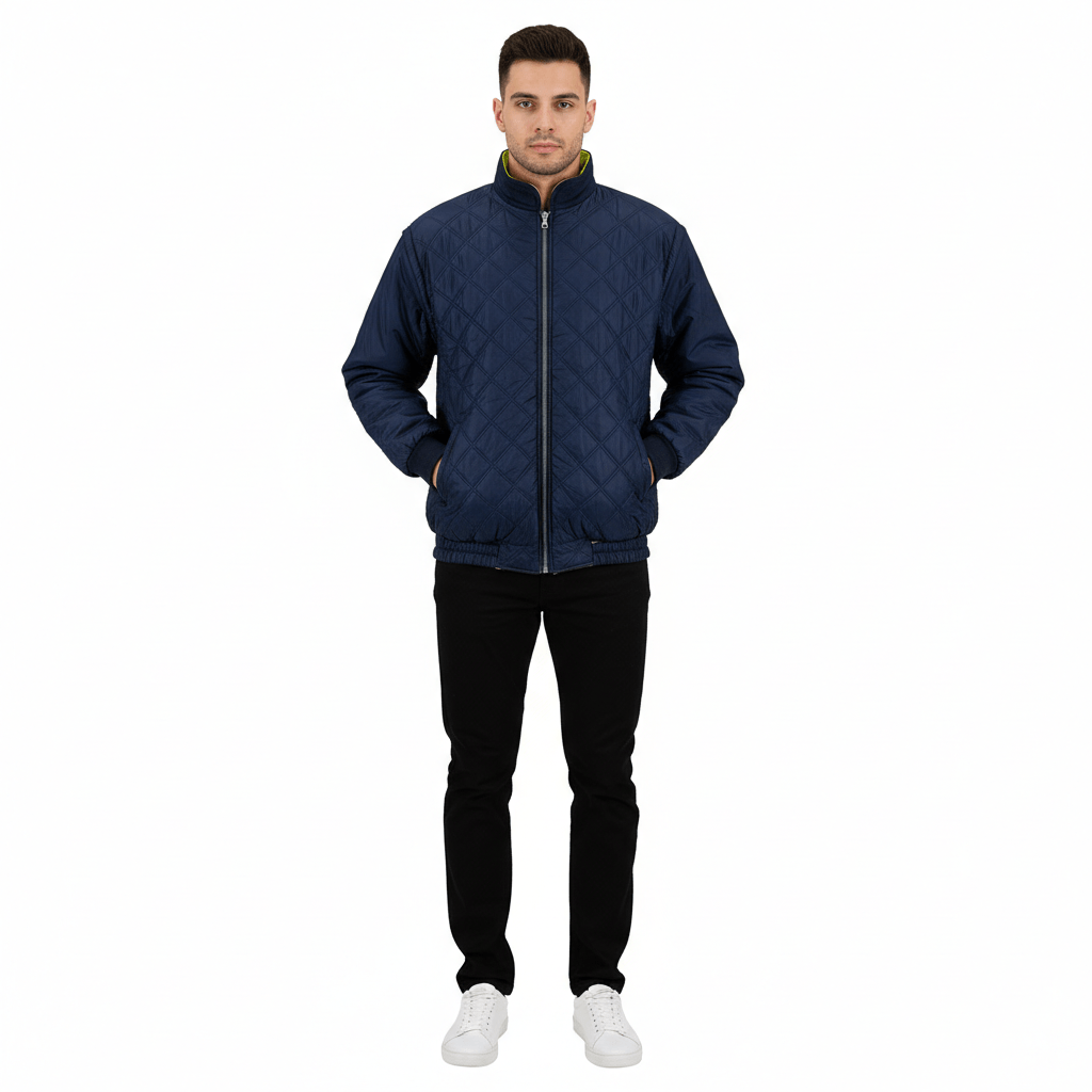 Стильный темно-синий мужской стеганый бомбер – комфортная демисезонная куртка